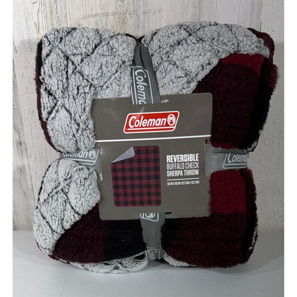 Coleman Reversible Buffalo Check Sherpa Throw 50x60 Red Black Grey Plaid Blanket